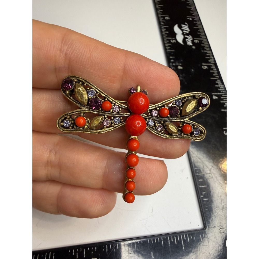 Red Cabochon Purple Rhinestone Dragonfly Brooch Antique Gold Tone Pin